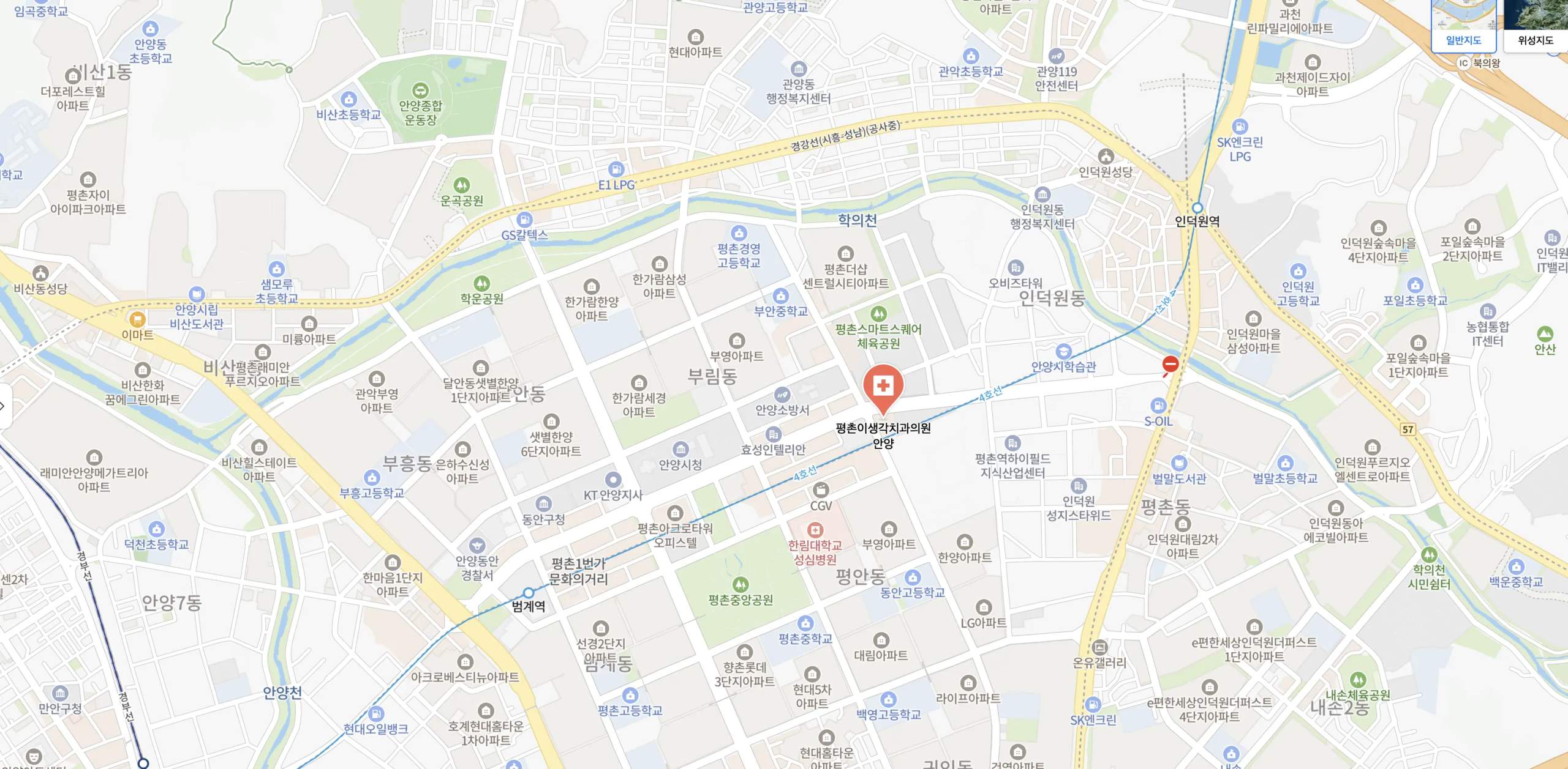평촌이생각치과 위치 지도 — 경기도 안양시 동안구 시민대로 312