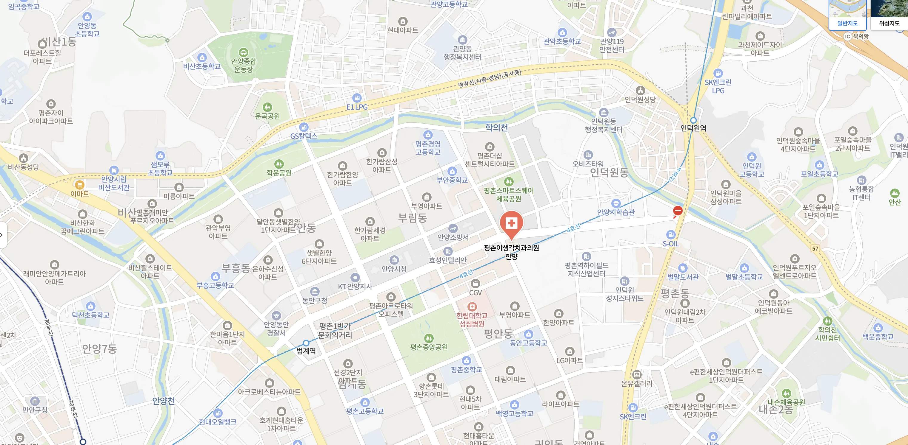 평촌이생각치과 위치 지도 — 경기도 안양시 동안구 시민대로 312