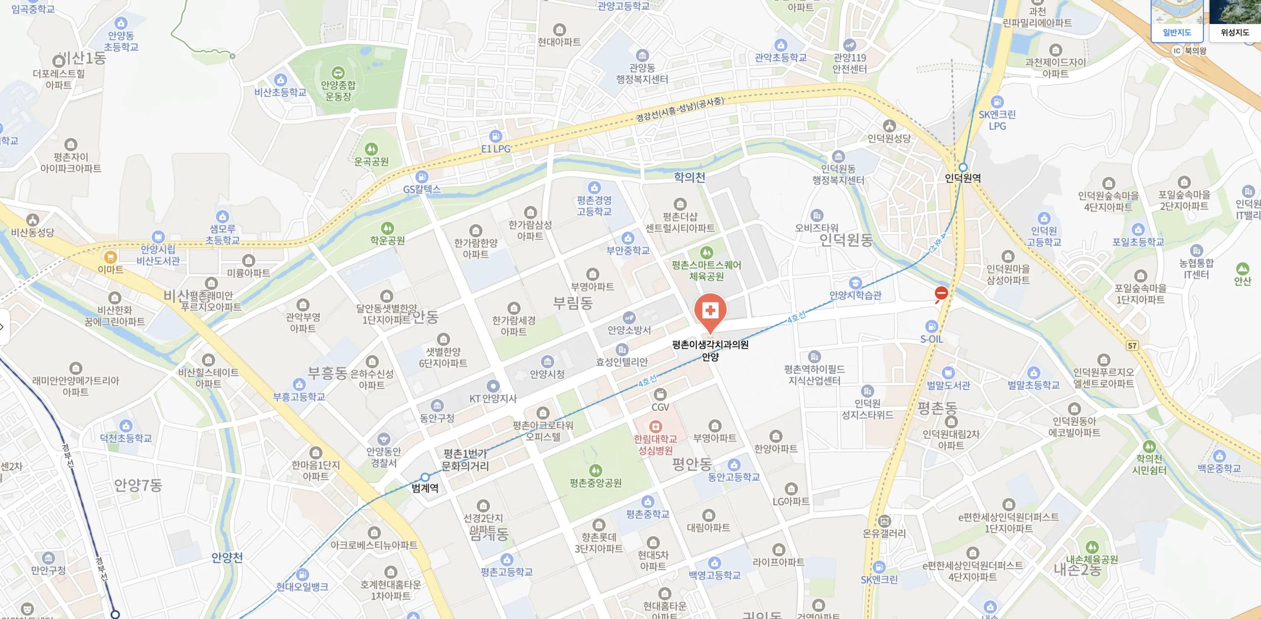 Street map of the Pyeongchon area of Anyang with the clinic marked. The place names printed on the map are in Korean; they are listed in Latin script below the map.