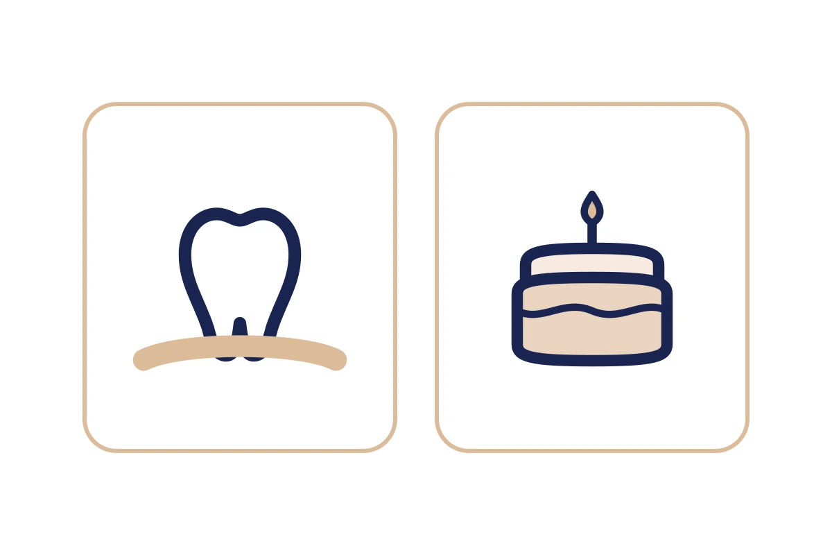 아이 첫 치과 방문의 기준을 첫 치아가 난 때와 첫 생일 무렵 두 칸으로 나눠 놓은 도해