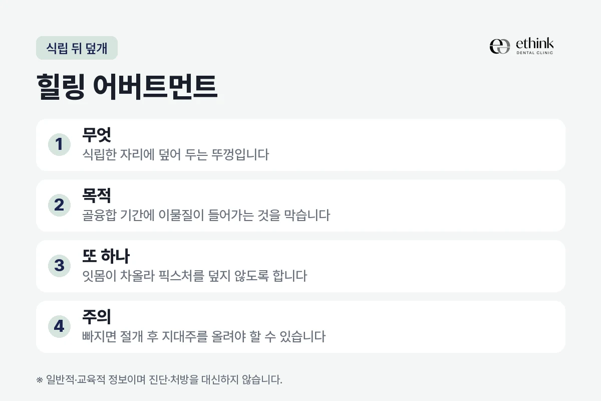 임플란트 식립 뒤 덮는 힐링 어버트먼트의 역할을 정리한 도해