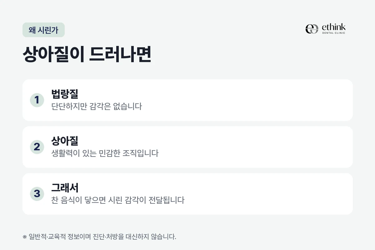 법랑질이 닳아 상아질이 드러났을 때 시린 이유를 정리한 도해