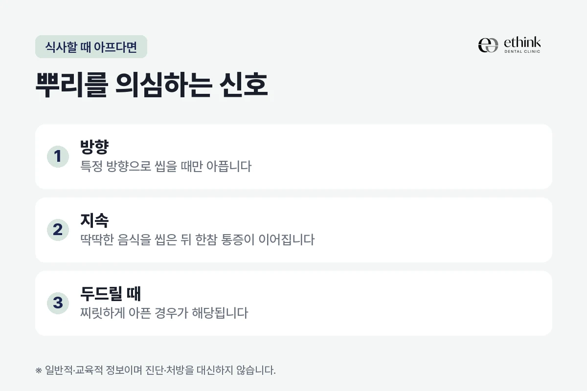 식사할 때의 통증이 치아 뿌리 문제를 가리키는 신호 세 가지를 정리한 도해