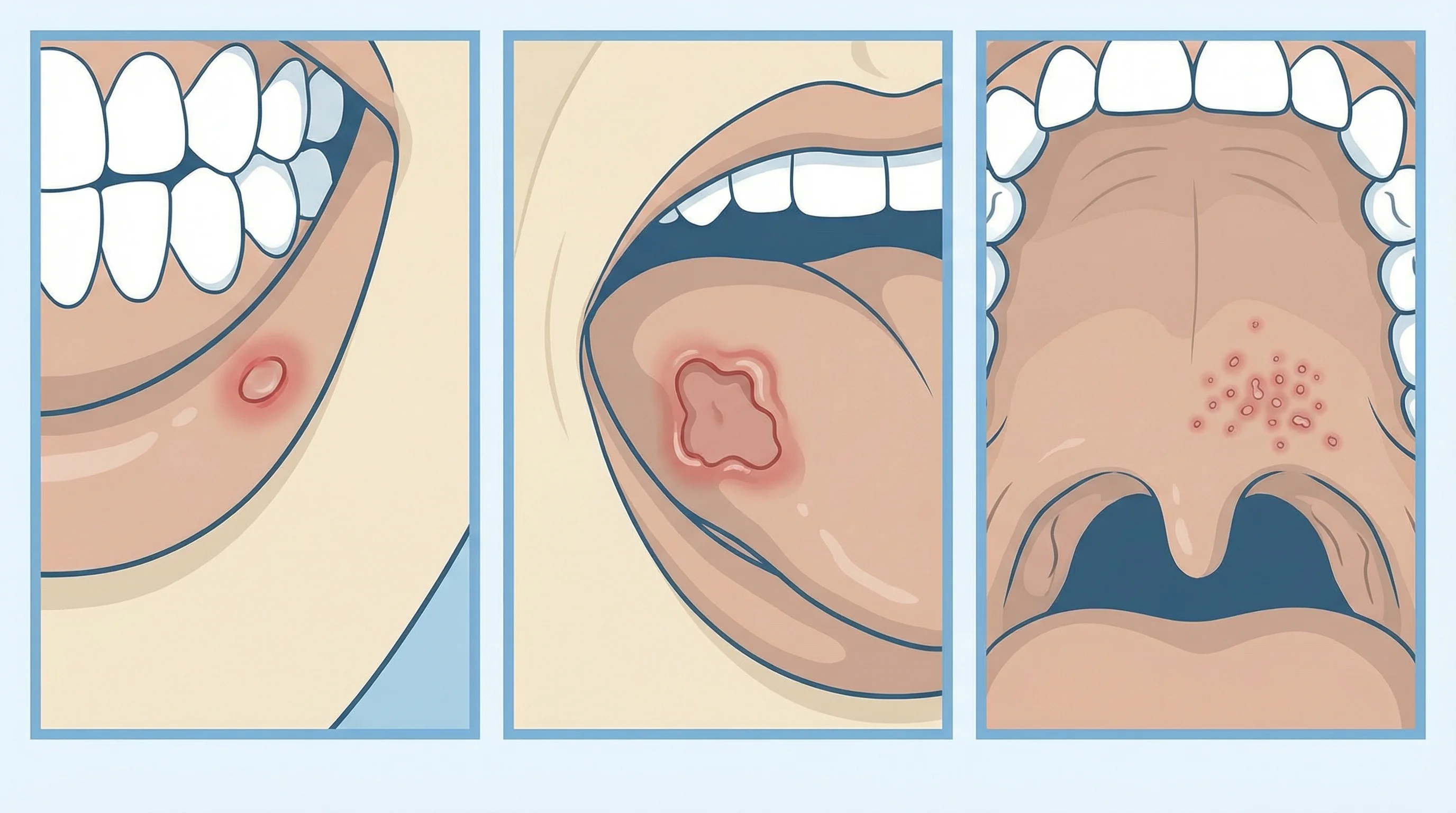 소형·대형·포진형 아프타 궤양 크기 및 형태 비교