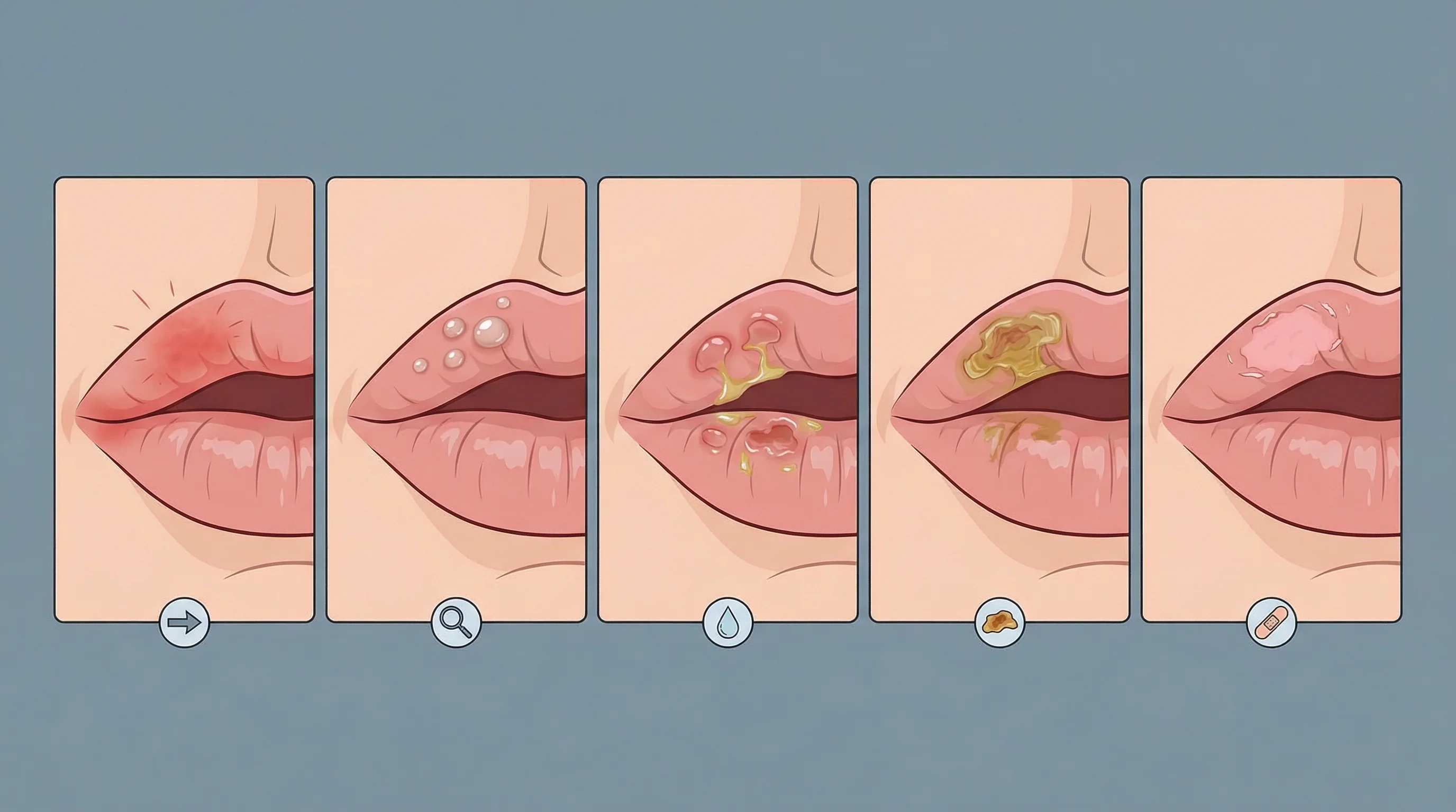 구순포진 진행 단계 — 전구 증상에서 딱지 형성까지