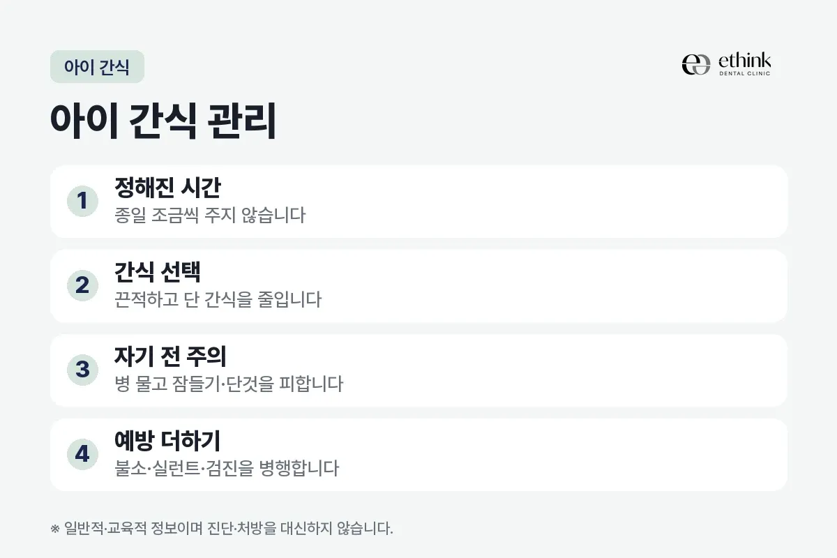 아이 간식의 정해진 시간, 간식 선택, 자기 전 주의, 예방 더하기를 정리한 카드
