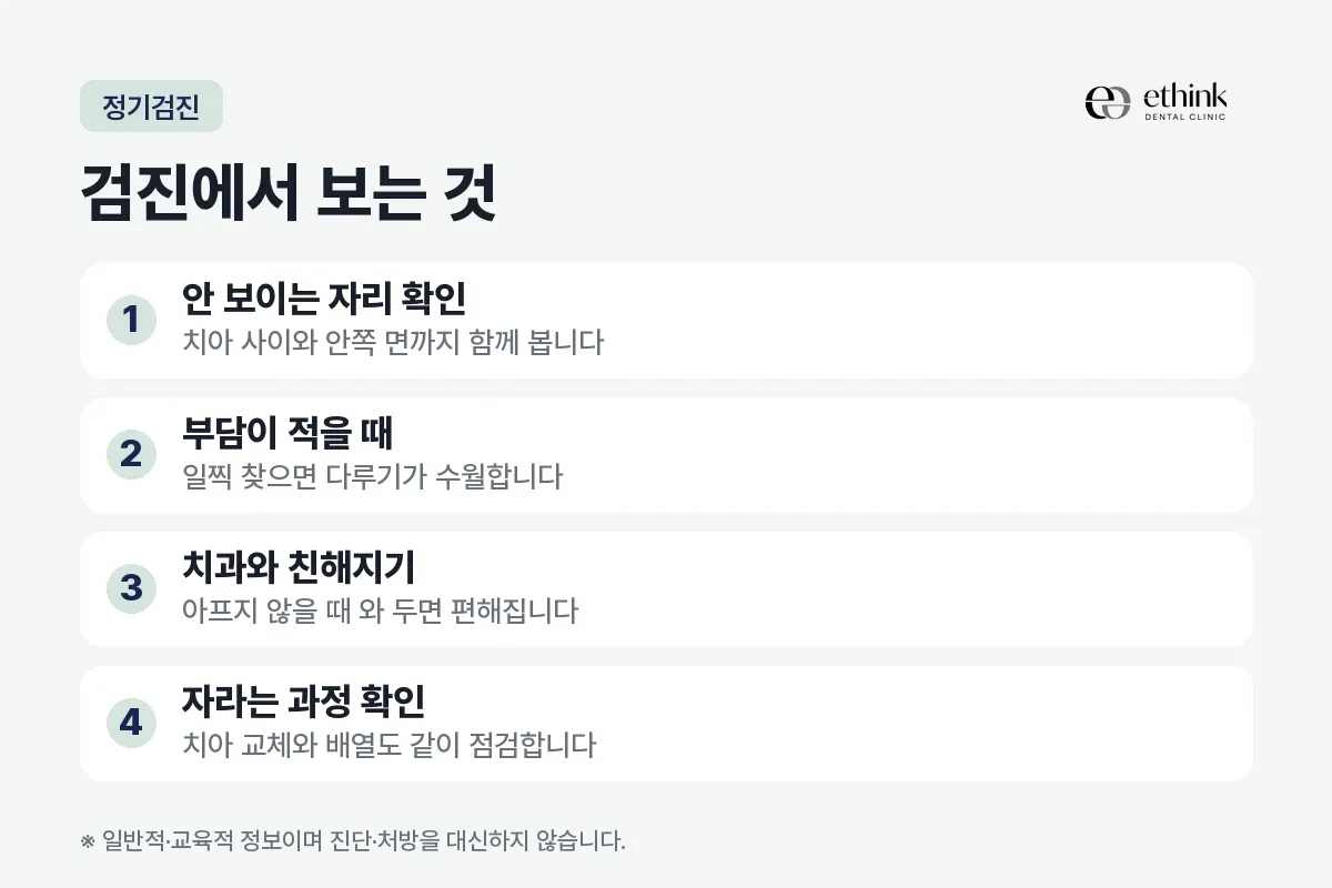안 보이는 자리 확인, 부담이 적을 때, 치과와 친해지기, 자라는 과정 확인을 번호로 적은 정기검진 카드