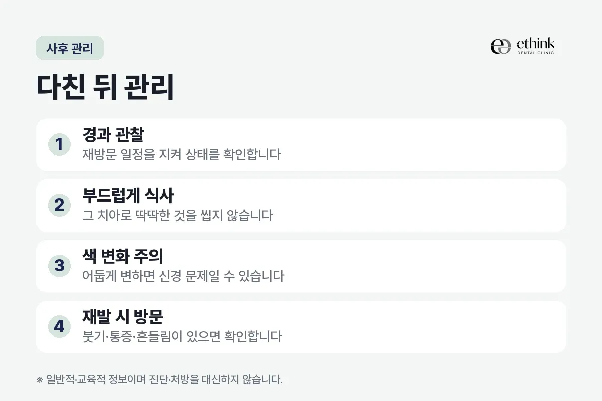 경과 관찰과 색 변화 주의 등 치아를 다친 뒤 관리 항목 네 가지를 정리한 카드