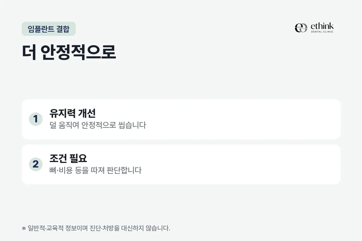 임플란트를 함께 쓰면 유지력이 좋아지지만 조건을 따져야 한다는 두 가지를 정리한 카드