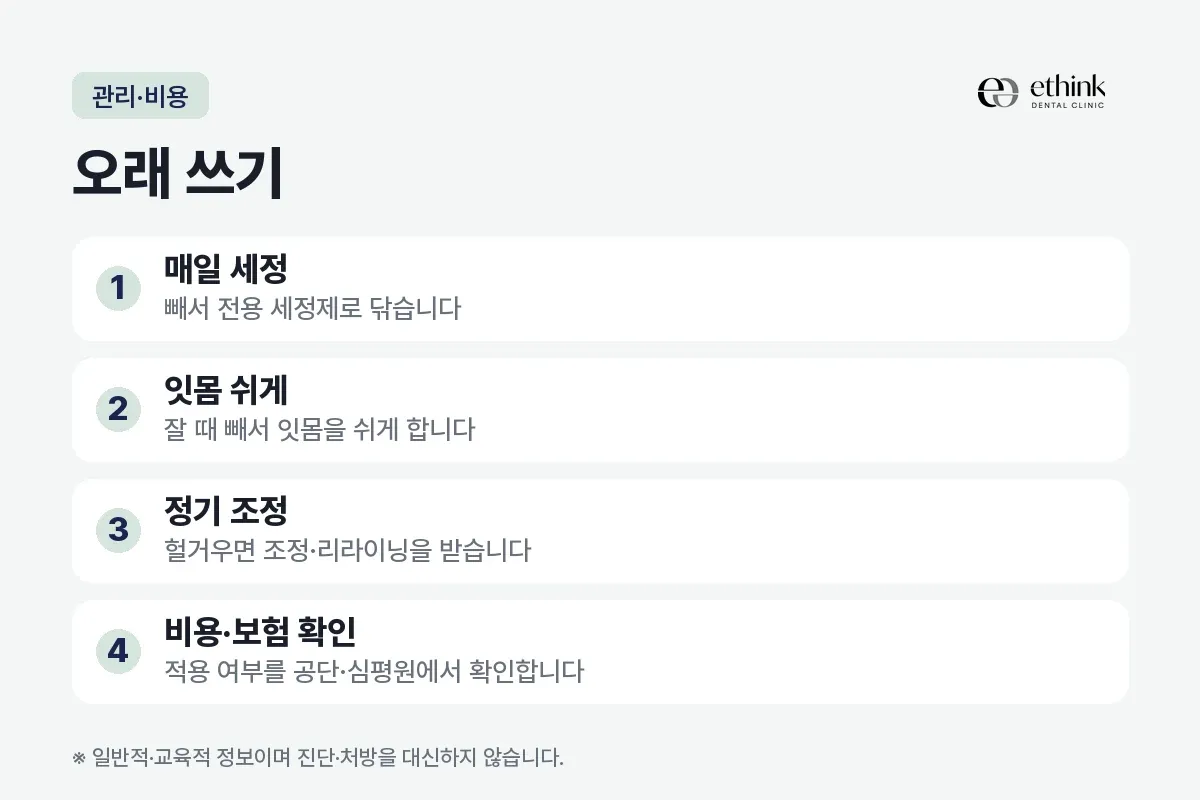 매일 세정과 잇몸 휴식, 정기 조정, 비용 확인 등 완전틀니 관리 항목을 정리한 카드