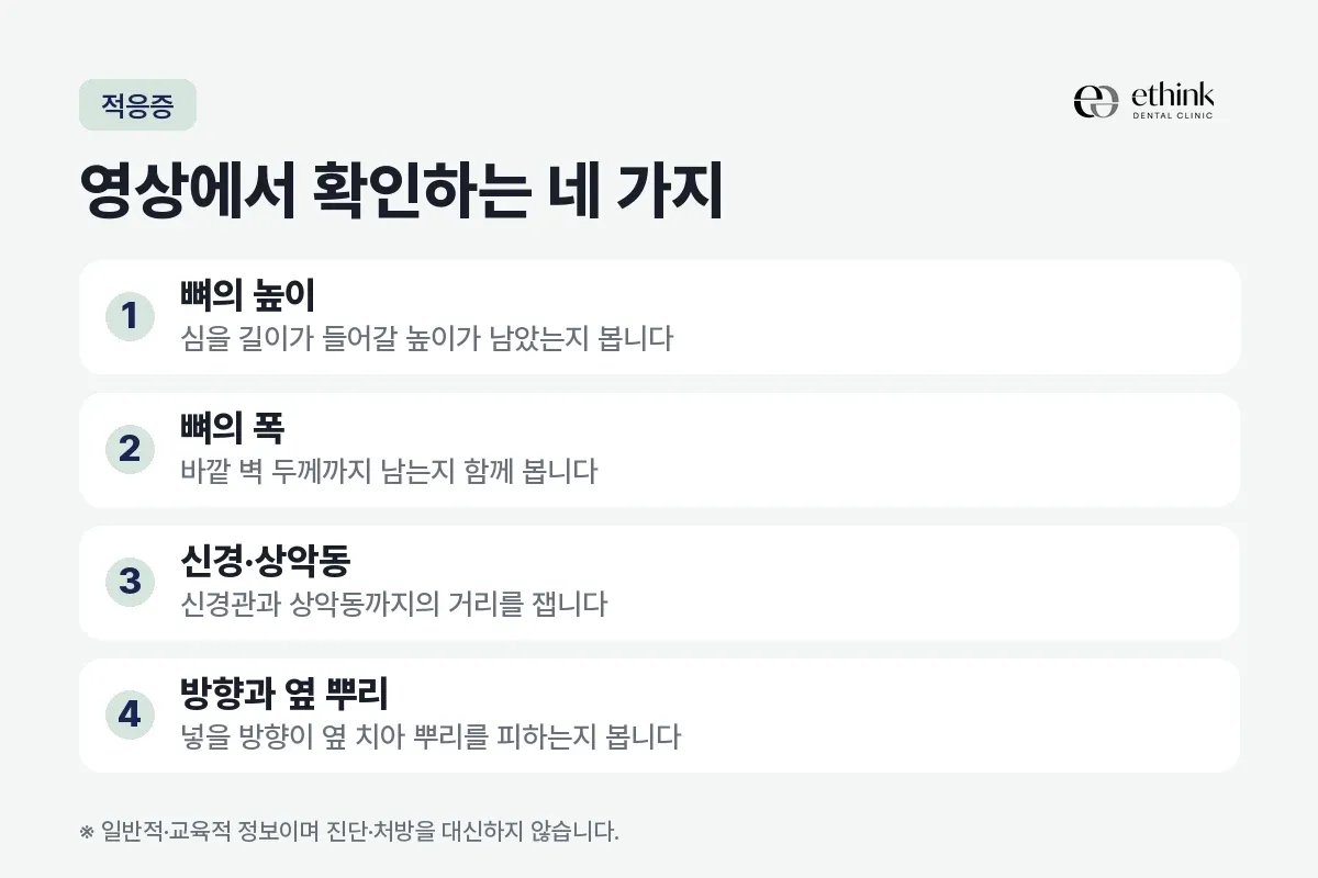 뼈의 높이와 폭, 신경·상악동까지의 거리, 넣을 방향을 단층 영상에서 확인하는 네 가지로 정리한 카드