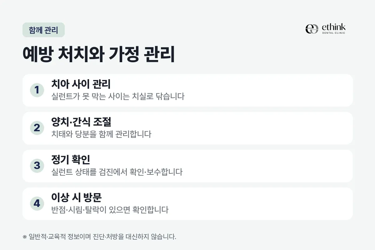 치실질과 간식 조절, 정기 확인 등 예방 처치와 함께할 가정 관리 항목을 정리한 카드
