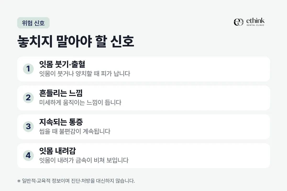 잇몸 붓기·출혈, 흔들리는 느낌, 지속되는 통증, 잇몸 내려감을 놓치지 말아야 할 신호 네 가지로 정리한 카드