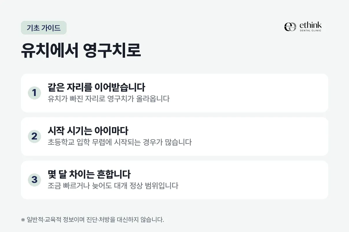 같은 자리를 이어받음, 시작 시기는 아이마다, 몇 달 차이는 흔함을 세 항목으로 적은 카드