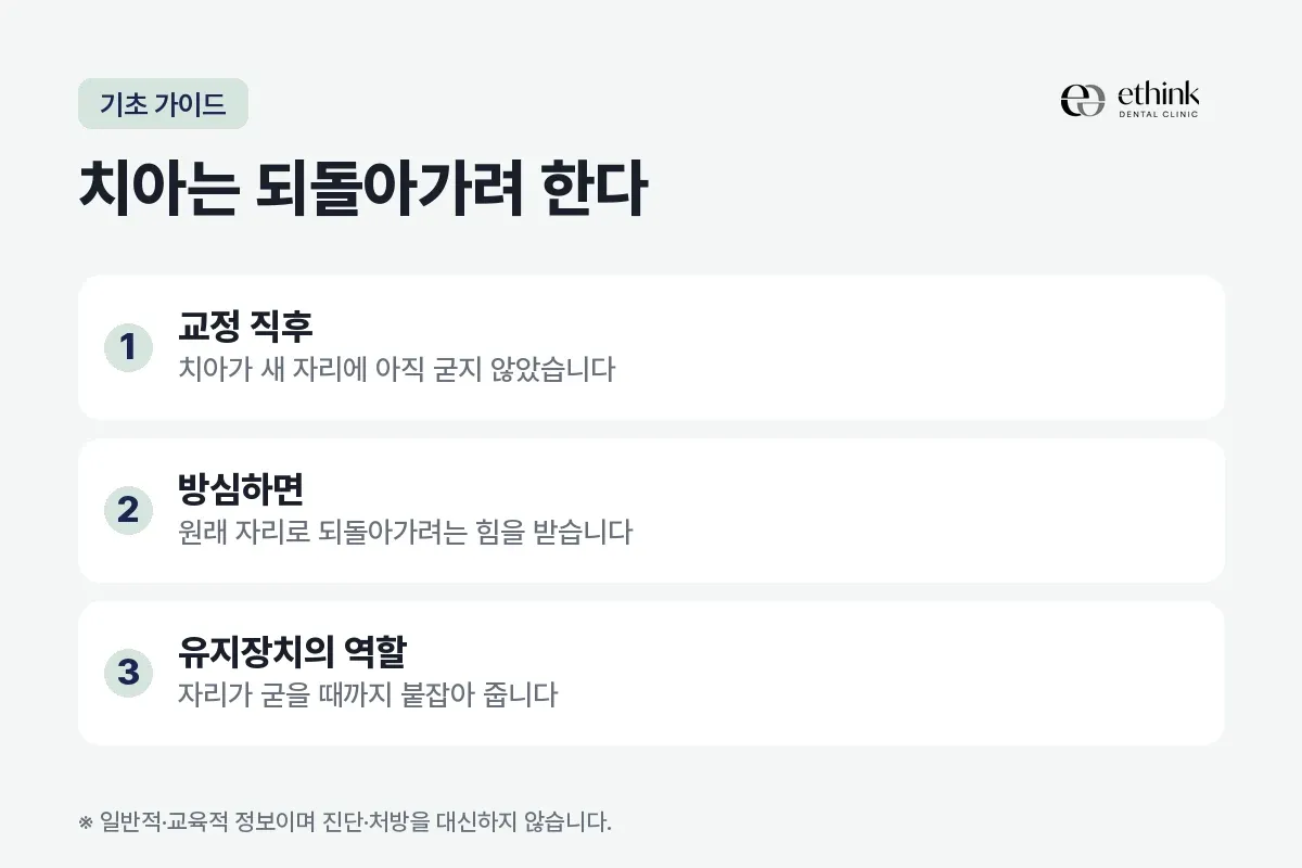교정 직후 상태, 되돌아가려는 힘, 유지장치의 역할을 세 항목으로 정리한 카드