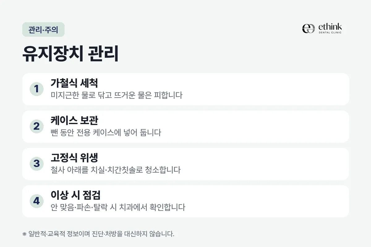 가철식 세척, 케이스 보관, 고정식 위생, 이상 시 점검을 정리한 카드